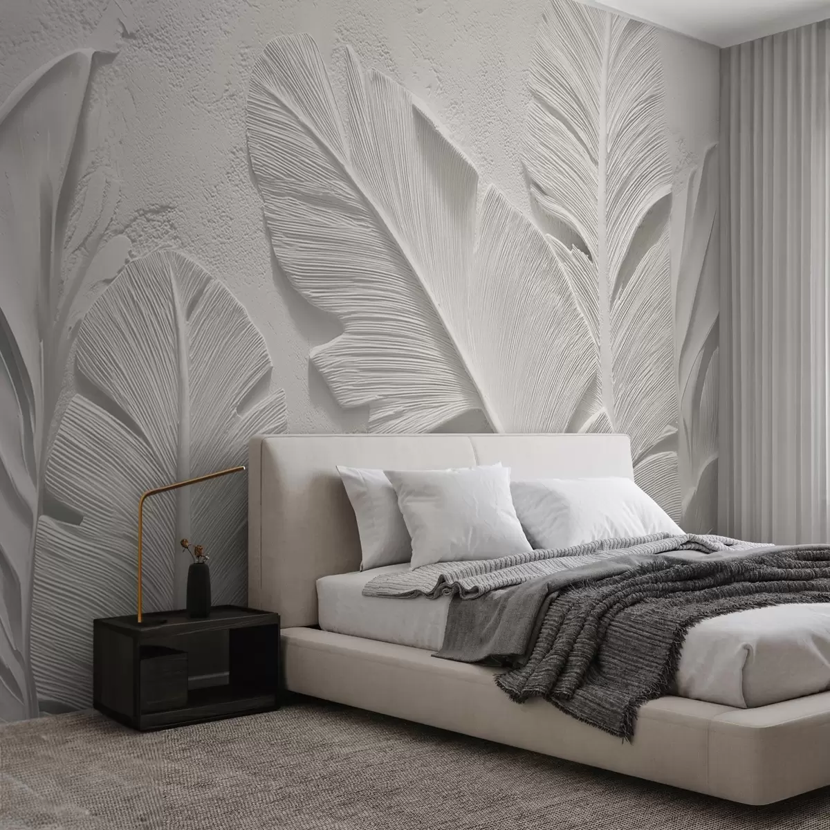 wall murals Текстурирано сиво лишће на позадини са рељефом од вештачког гипса w09307