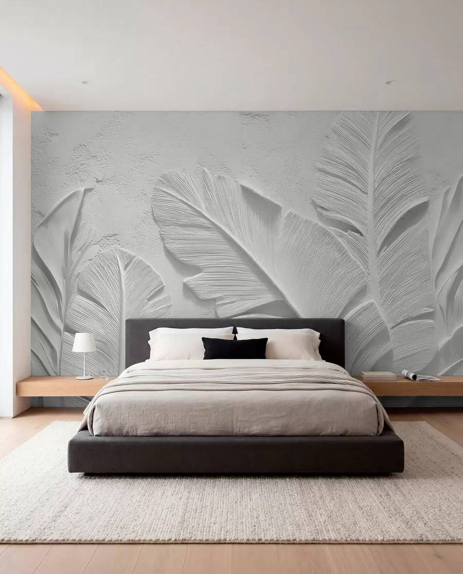 wall murals Текстурирано сиво лишће на позадини са рељефом од вештачког гипса w09307