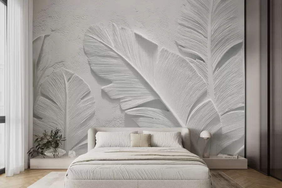 wall murals Текстурирано сиво лишће на позадини са рељефом од вештачког гипса w09307