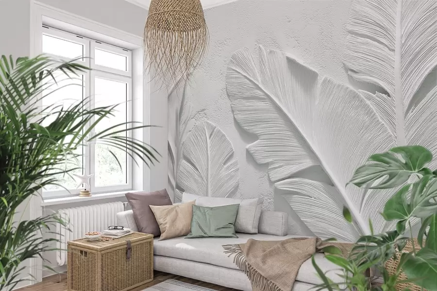 wall murals Текстурирано сиво лишће на позадини са рељефом од вештачког гипса w09307