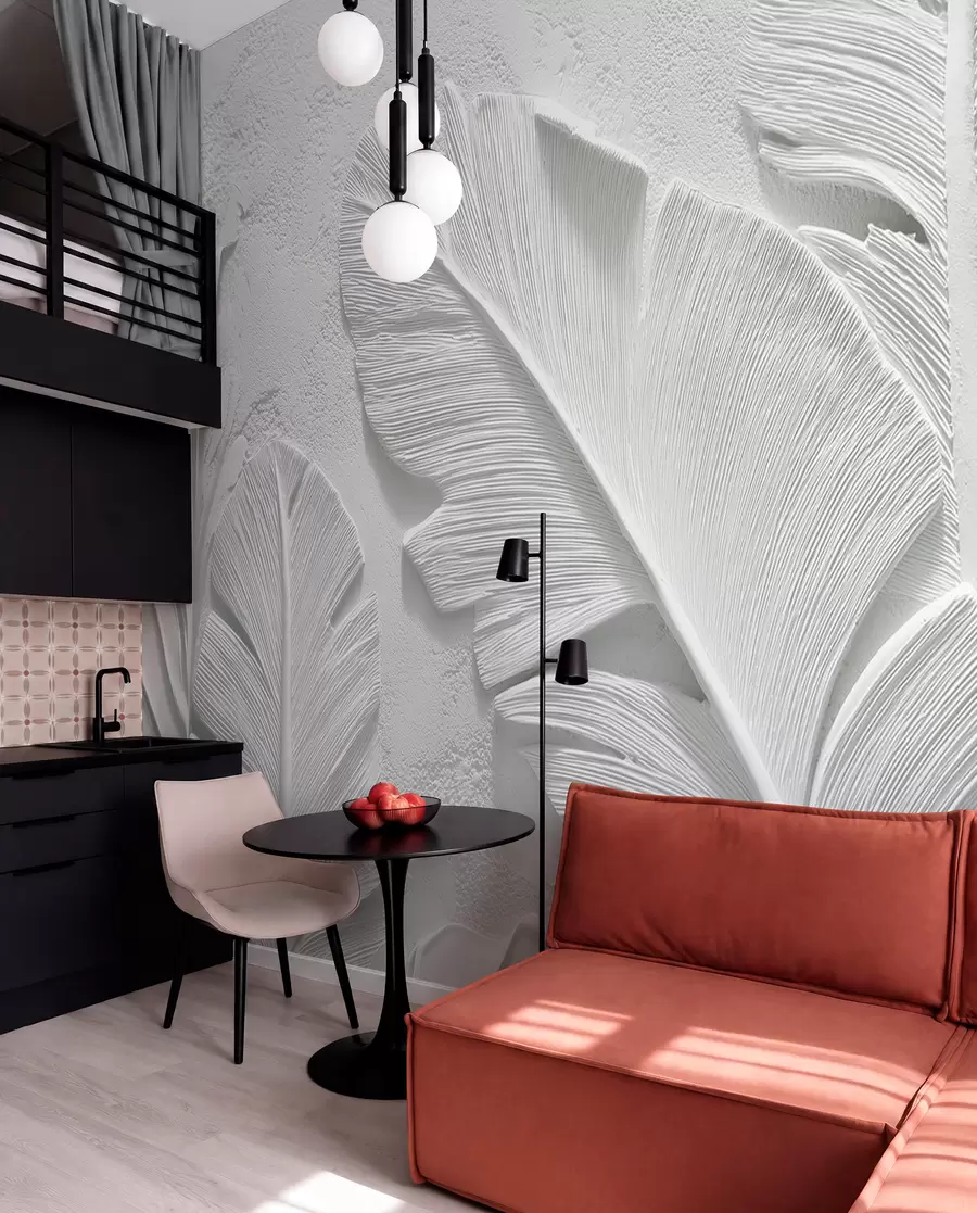wall murals Текстурирано сиво лишће на позадини са рељефом од вештачког гипса w09307
