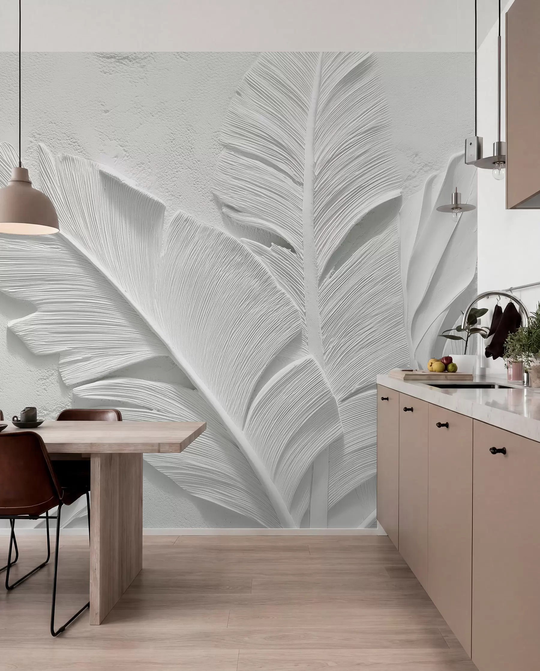 wall murals Текстурирано сиво лишће на позадини са рељефом од вештачког гипса w09307