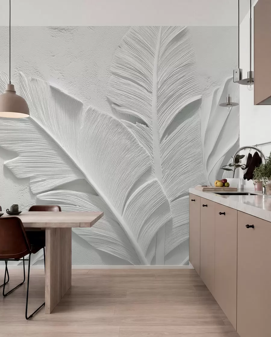 wall murals Текстурирано сиво лишће на позадини са рељефом од вештачког гипса w09307