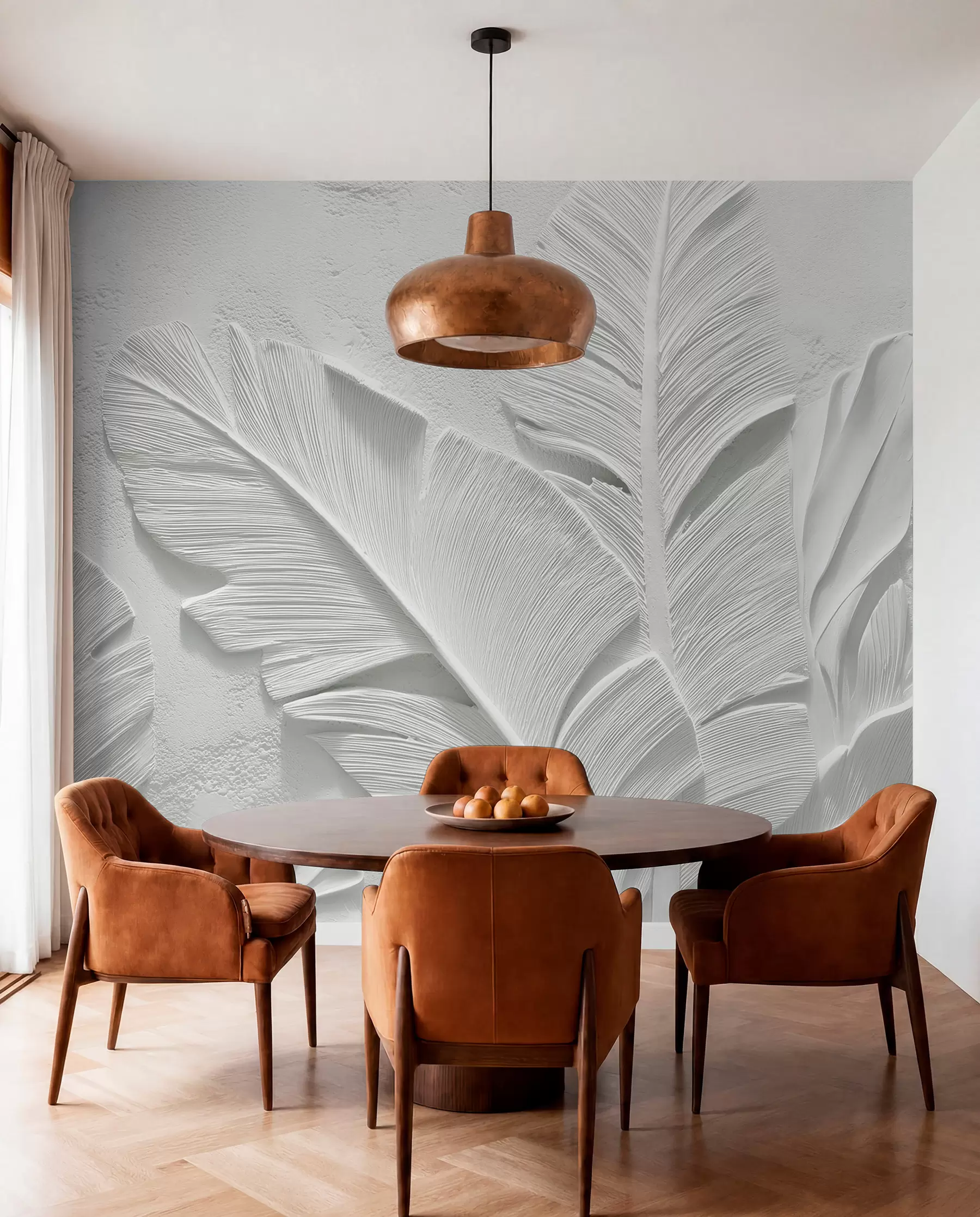 wall murals Текстурирано сиво лишће на позадини са рељефом од вештачког гипса w09307