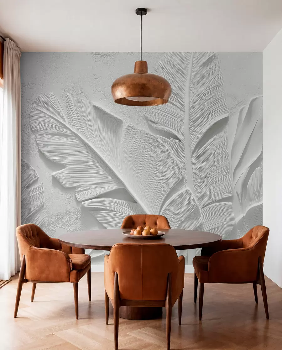 wall murals Текстурирано сиво лишће на позадини са рељефом од вештачког гипса w09307