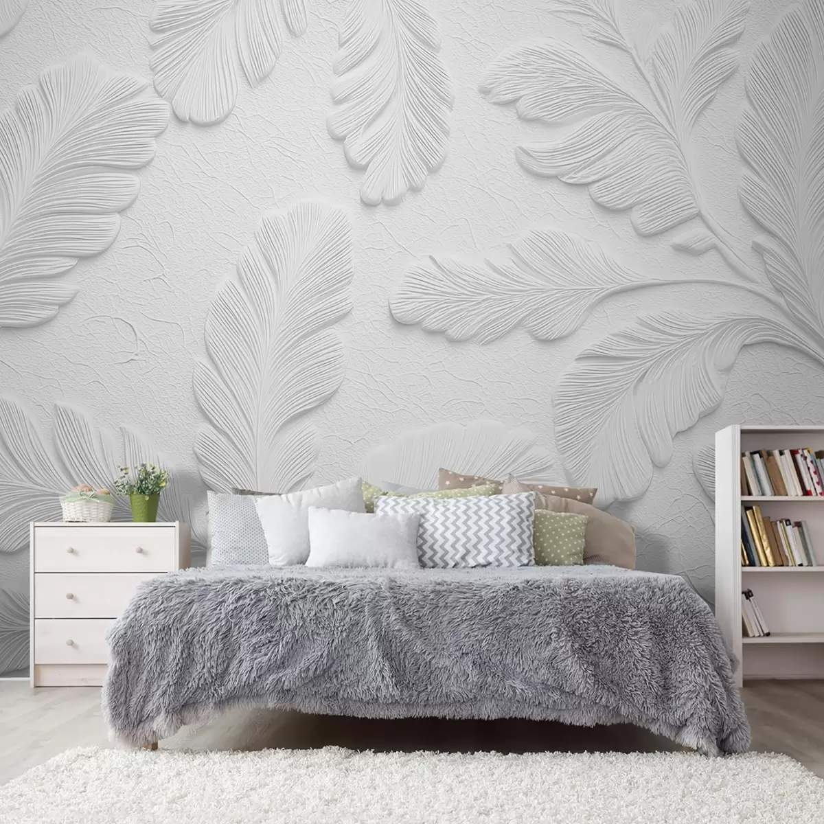 wall murals Рељефно лишће у сивој боји са ефектом испуцале текстуре w09309v1