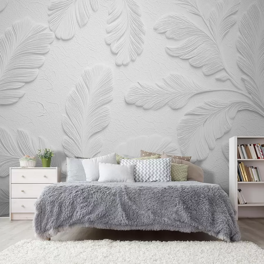 wall murals Рељефно лишће у сивој боји са ефектом испуцале текстуре w09309v1