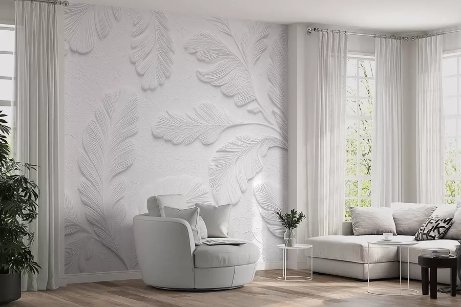 wall murals Рељефно лишће у сивој боји са ефектом испуцале текстуре w09309v1