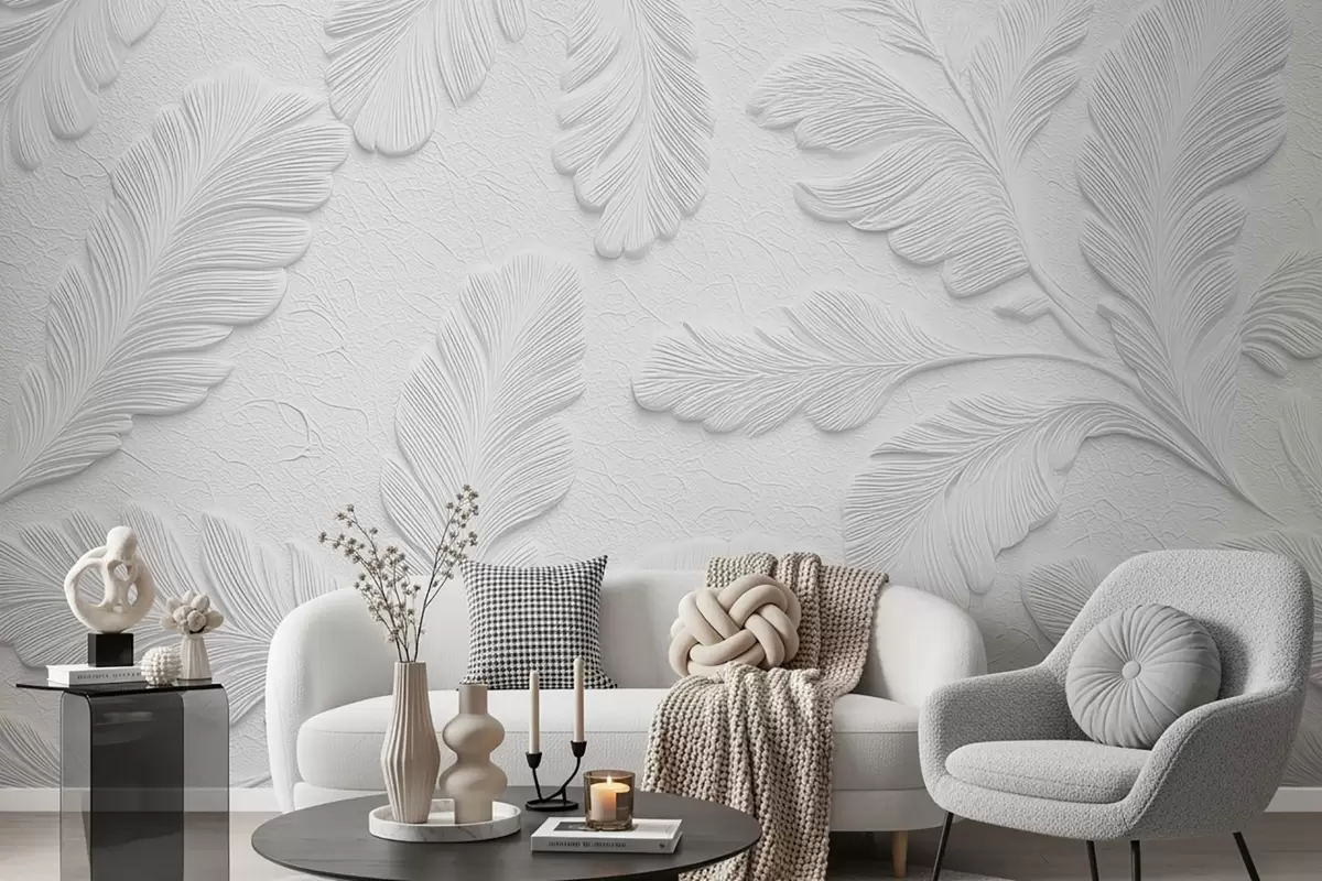 wall murals Рељефно лишће у сивој боји са ефектом испуцале текстуре w09309v1