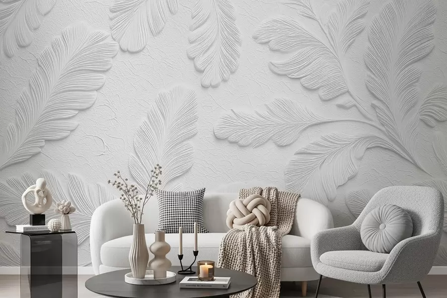 wall murals Рељефно лишће у сивој боји са ефектом испуцале текстуре w09309v1