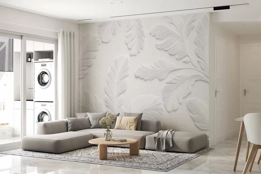 wall murals Рељефно лишће у сивој боји са ефектом испуцале текстуре w09309v1