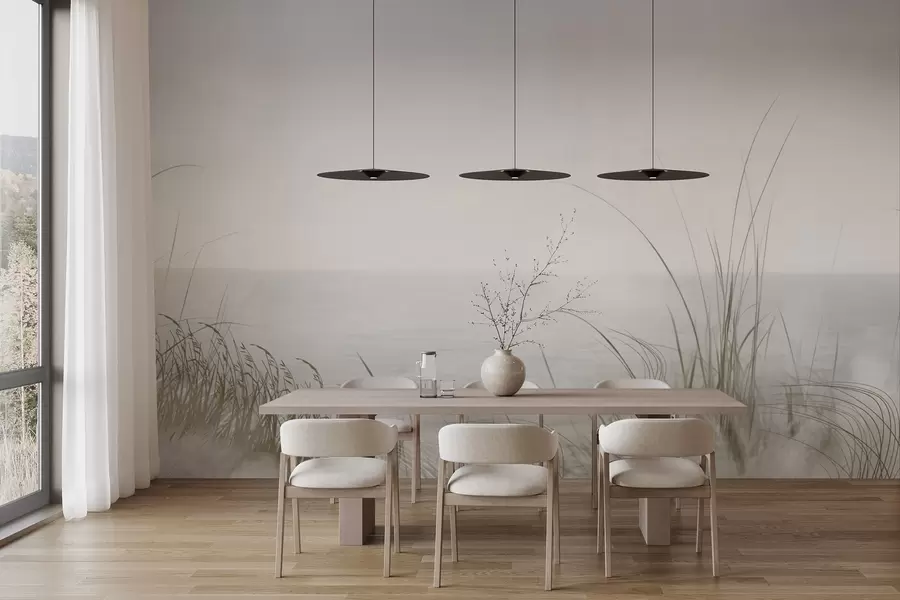 wall murals Магловита обала са нежним травама у првом плану w04339