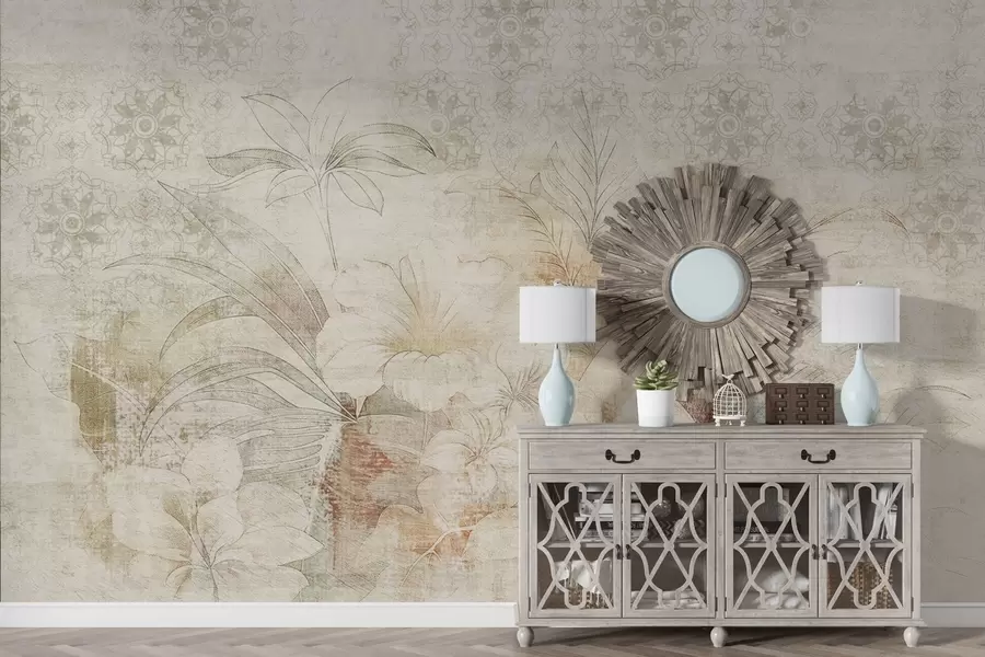 wall murals Цвеће и лишће на текстурираној позадини са орнаментима w04343