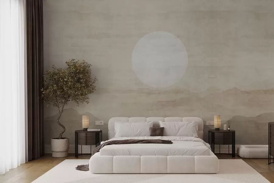 wall murals Минималистички планински пејзаж са великим белим сунцем w04345