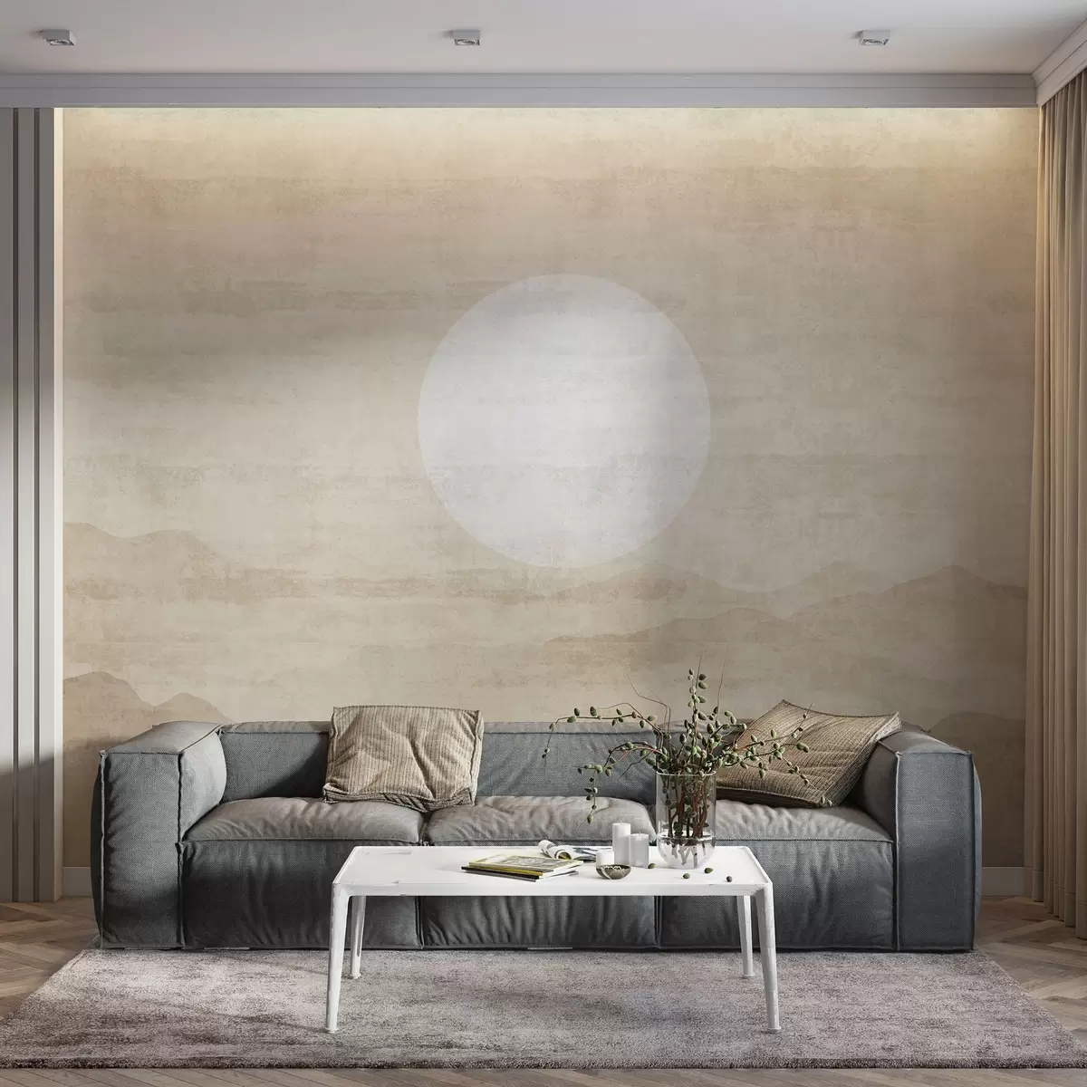 wall murals Минималистички планински пејзаж са великим белим сунцем w04345