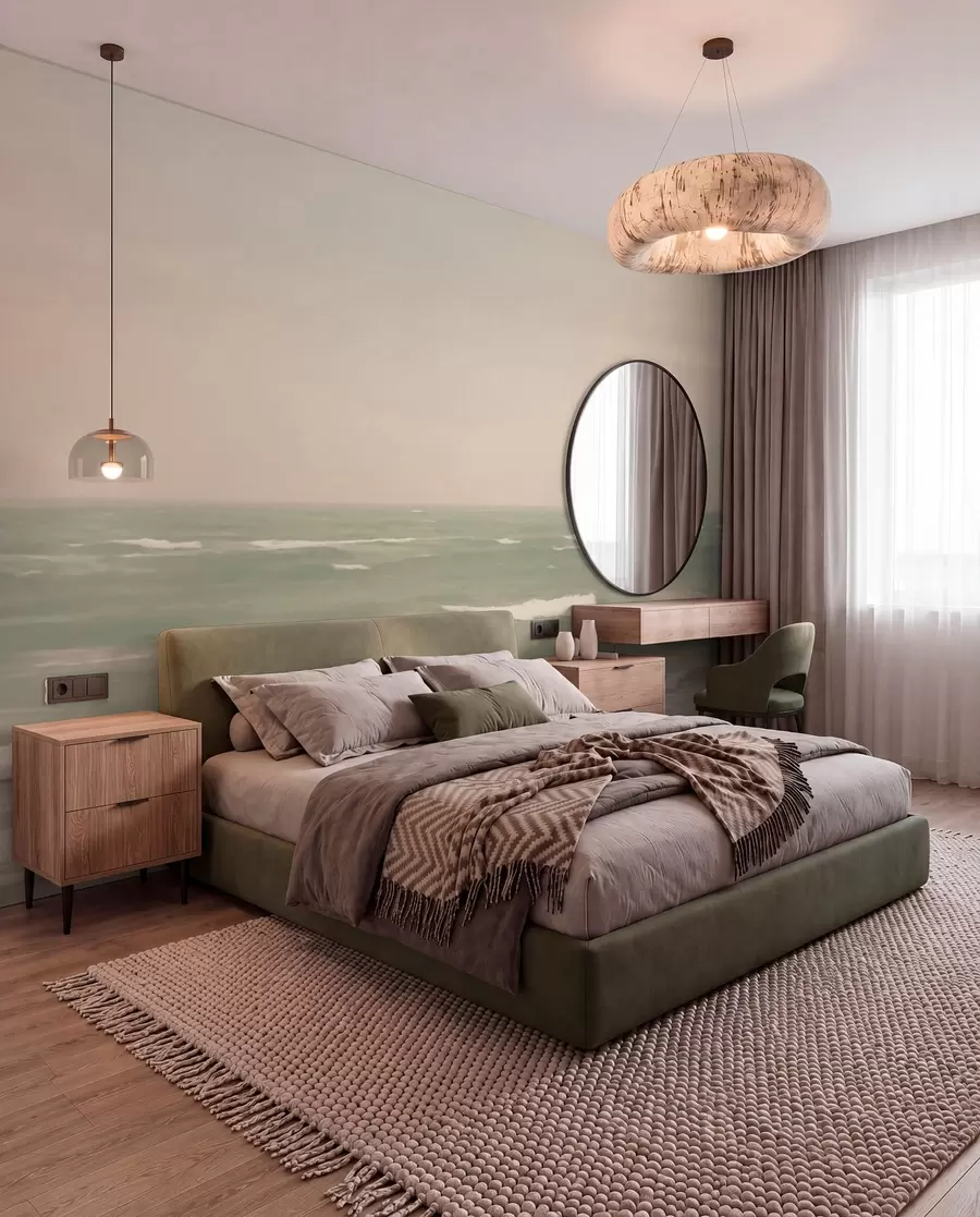 wall murals Нежно ружичасто-зелени морски пејзаж са благим таласима w04348