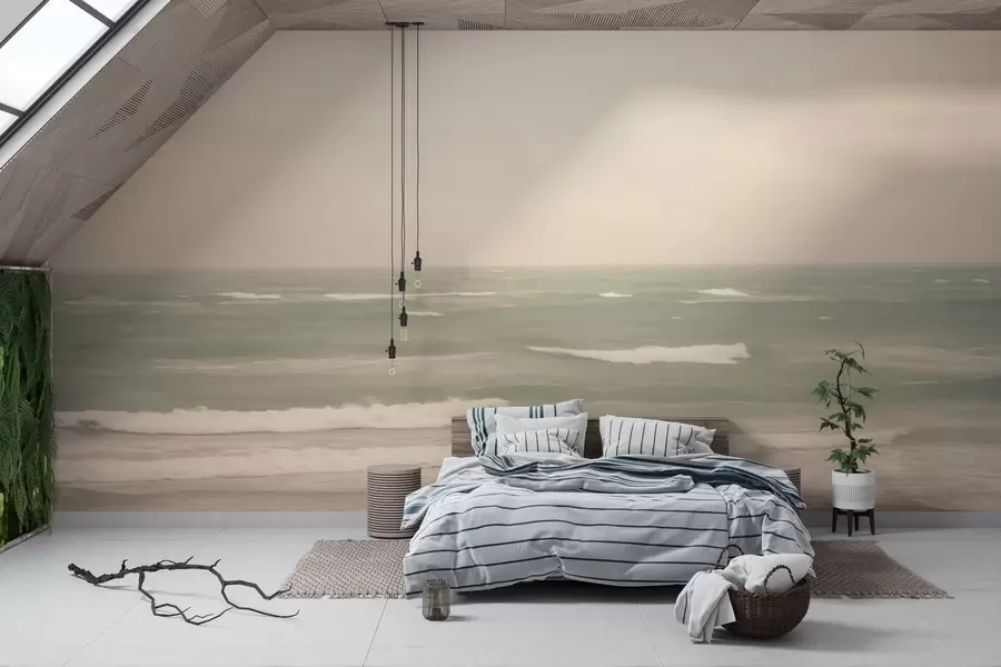 wall murals Нежно ружичасто-зелени морски пејзаж са благим таласима w04348