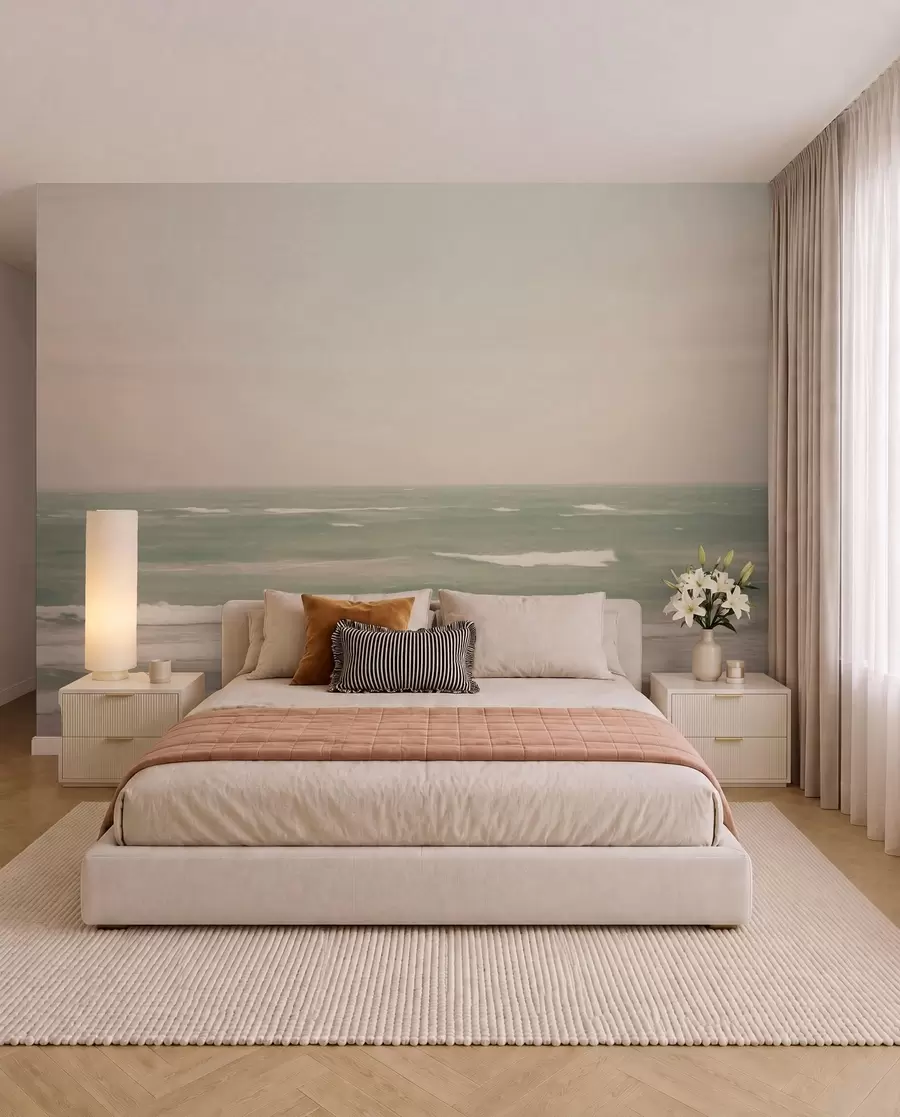 wall murals Нежно ружичасто-зелени морски пејзаж са благим таласима w04348