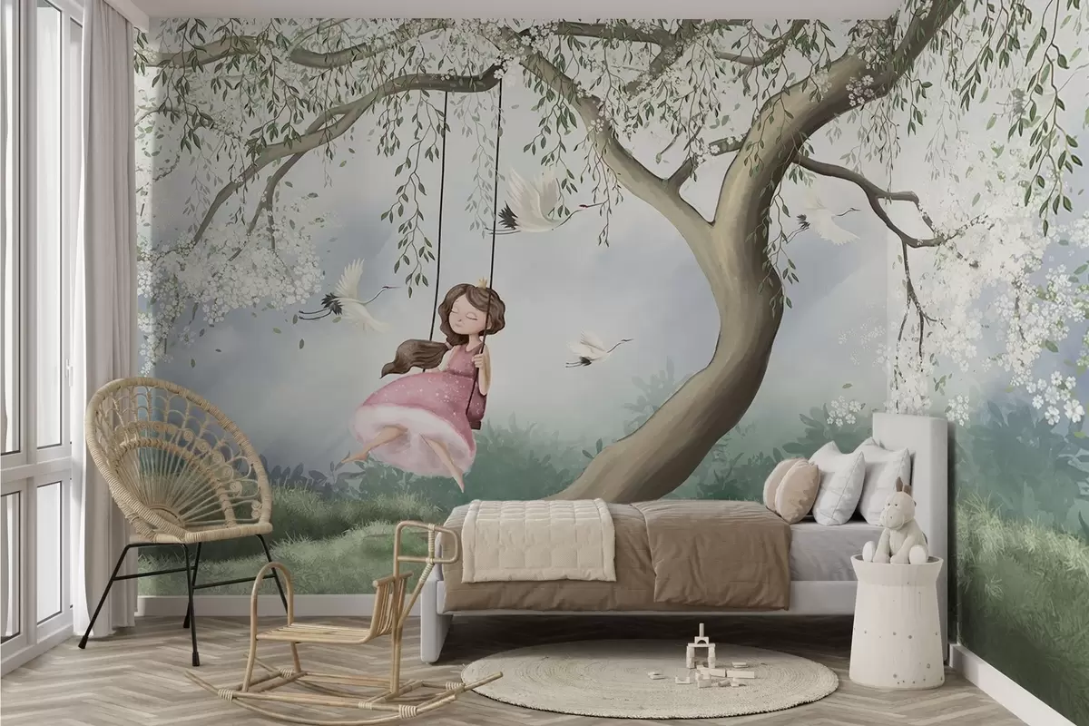 wall murals Девојка на љуљашци испод цветајућег дрвета са птицама које лете около w04370