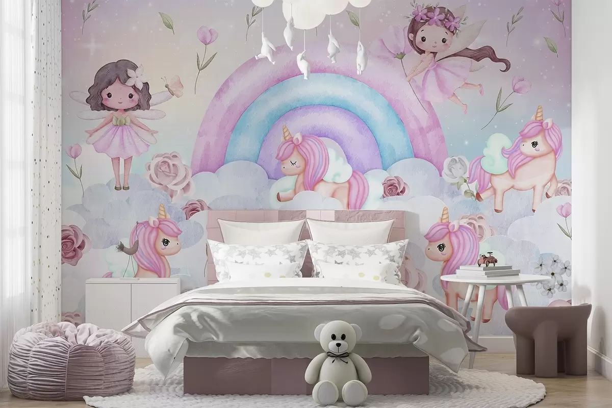 wall murals Виле и једнорози међу облацима и дугама w04371