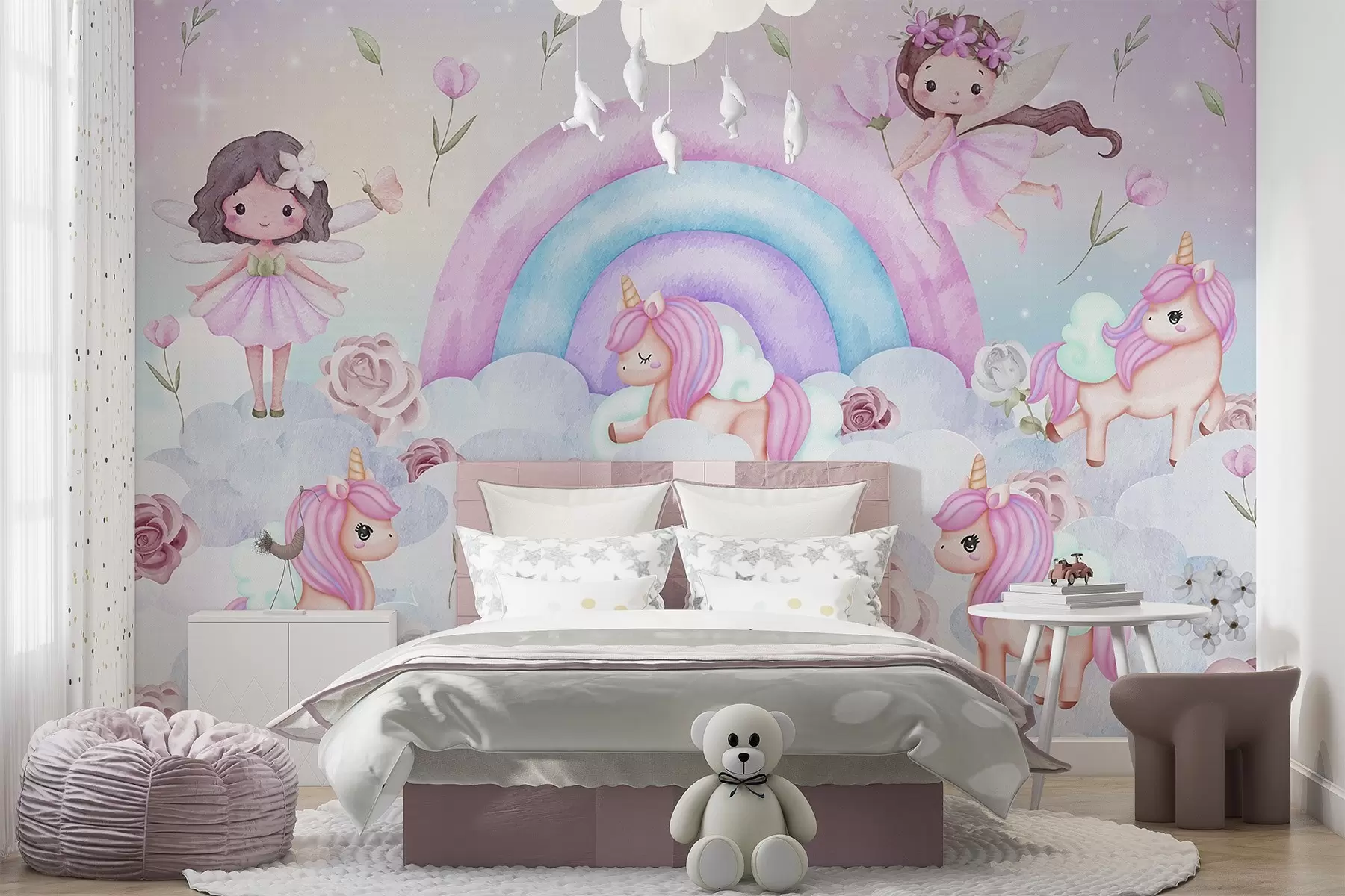 wall murals Виле и једнорози међу облацима и дугама w04371