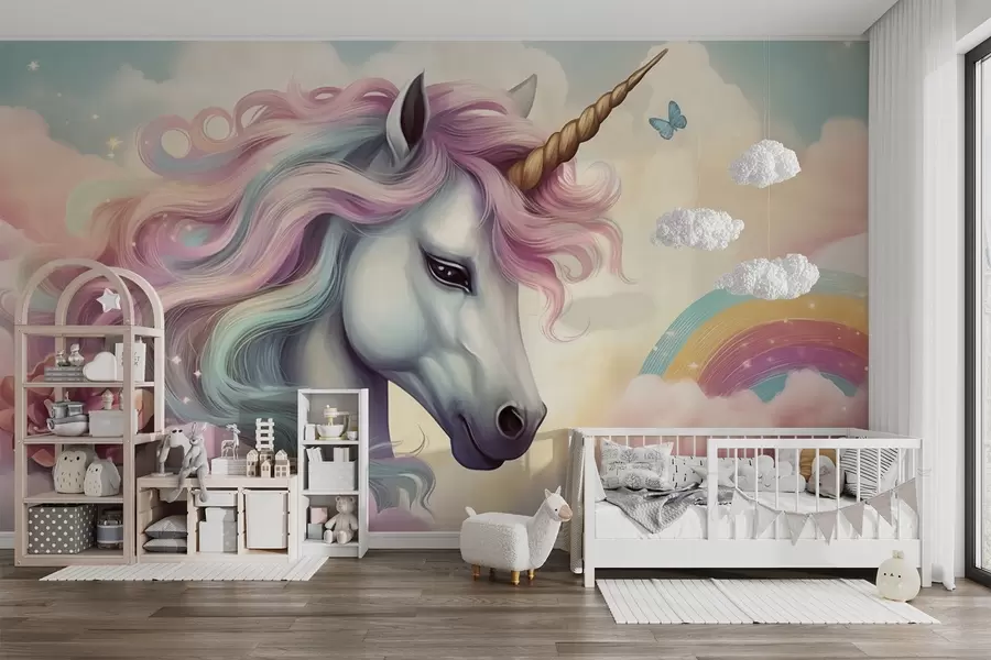 wall murals Једнорог на облачном небу са дугом w04372