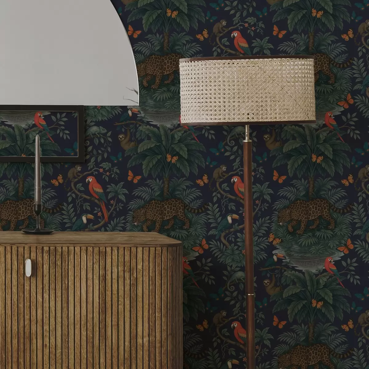 Позадина Тропска џунгла са леопардом, леопардом, папагајима и лептирима a00388