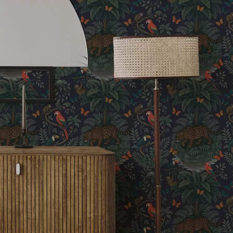 wall murals Тропска џунгла са леопардом, леопардом, папагајима и лептирима a00388