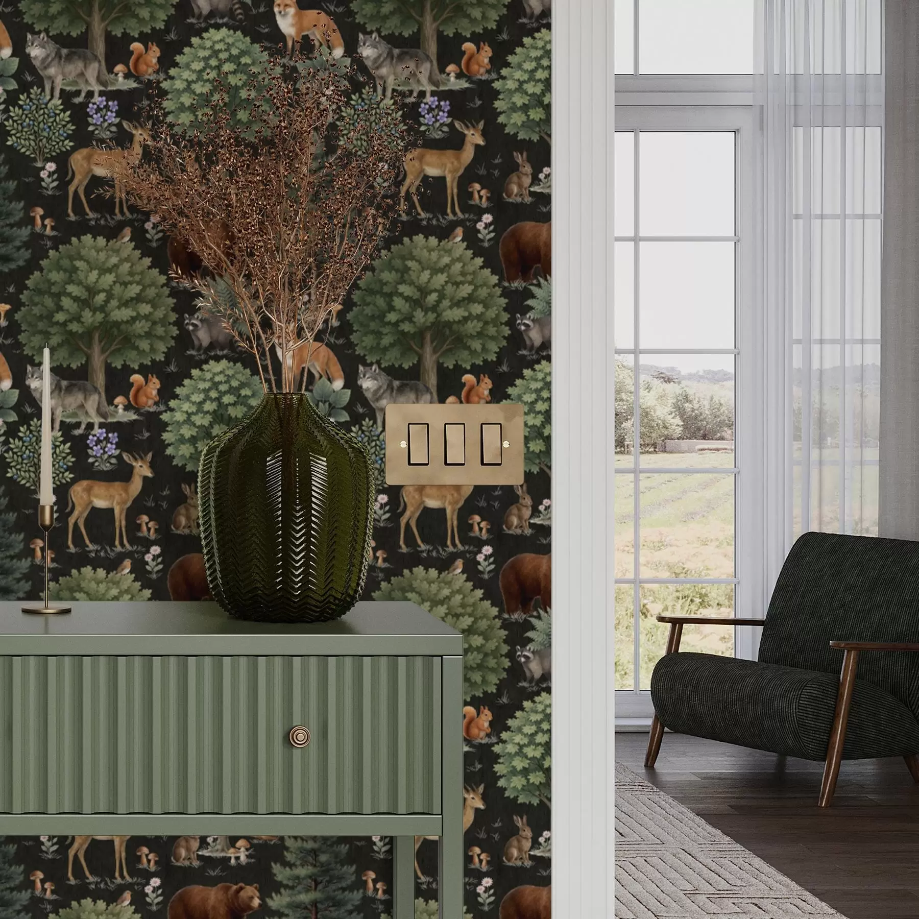 wall murals Акварел шумске животиње са дрвећем и печуркама a00391