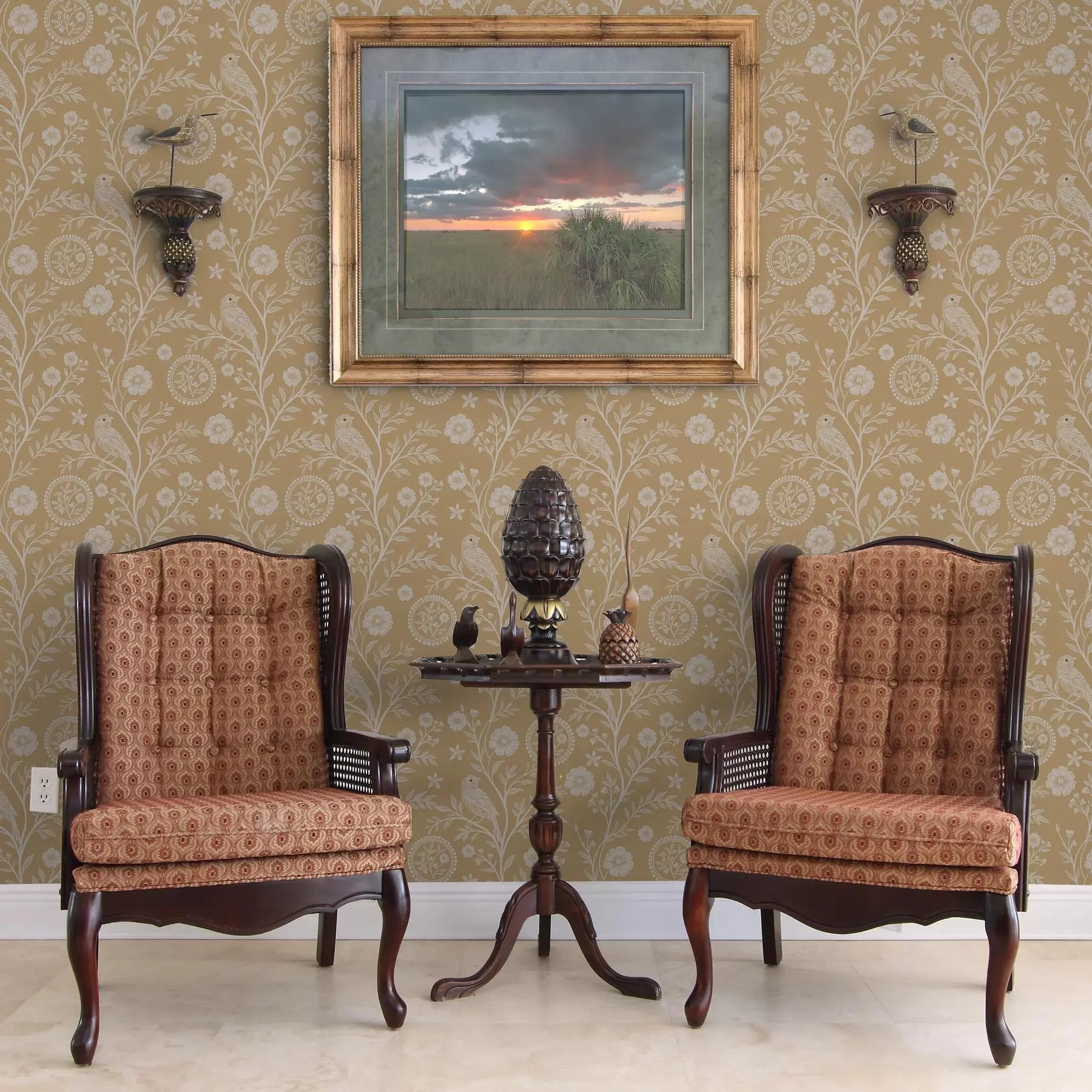 wall murals Деликатна скица беле птице и цвета бела птица и цвет на окер позадини a00393