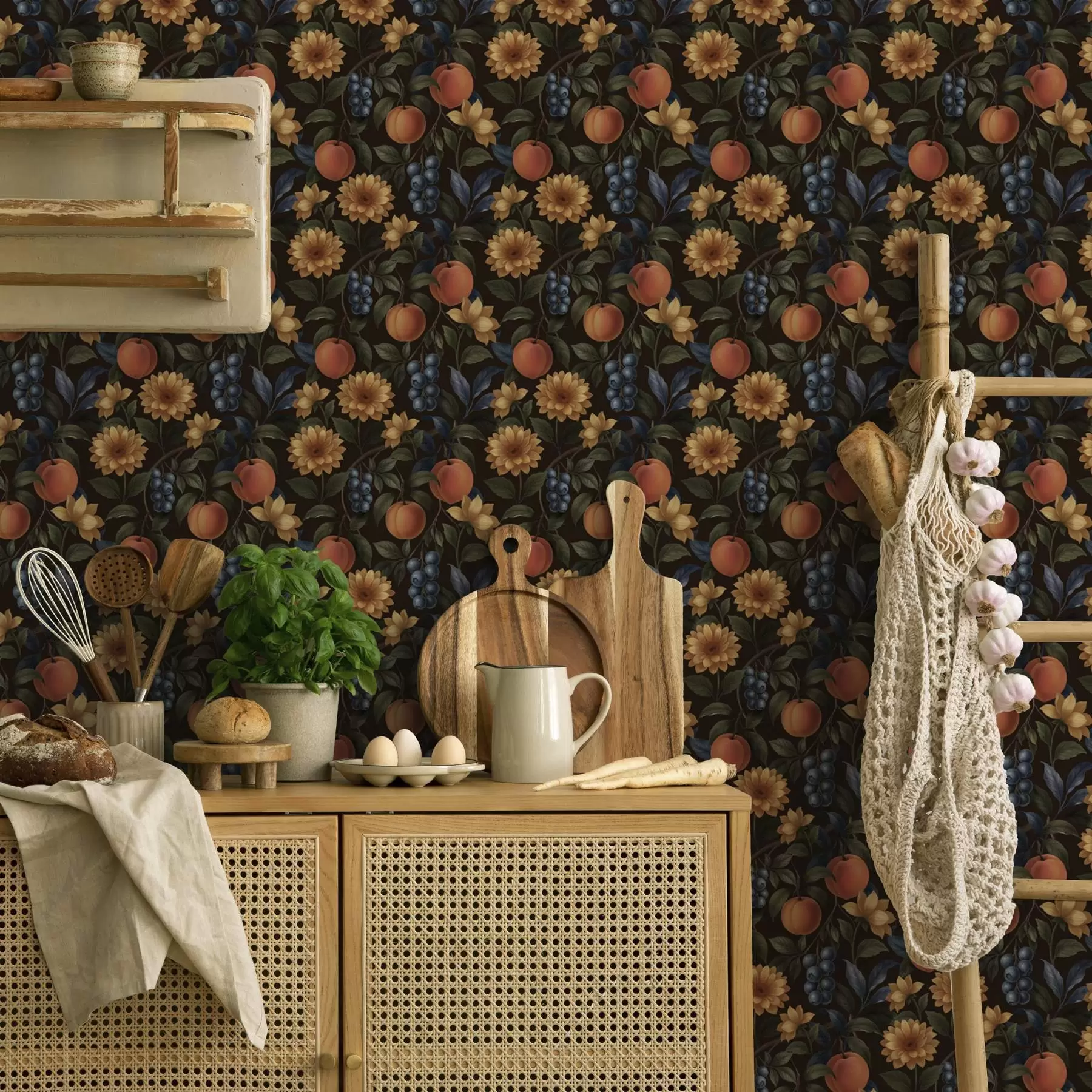 wall murals Воће и жуто цвеће на тамној ботаничкој позадини a00395