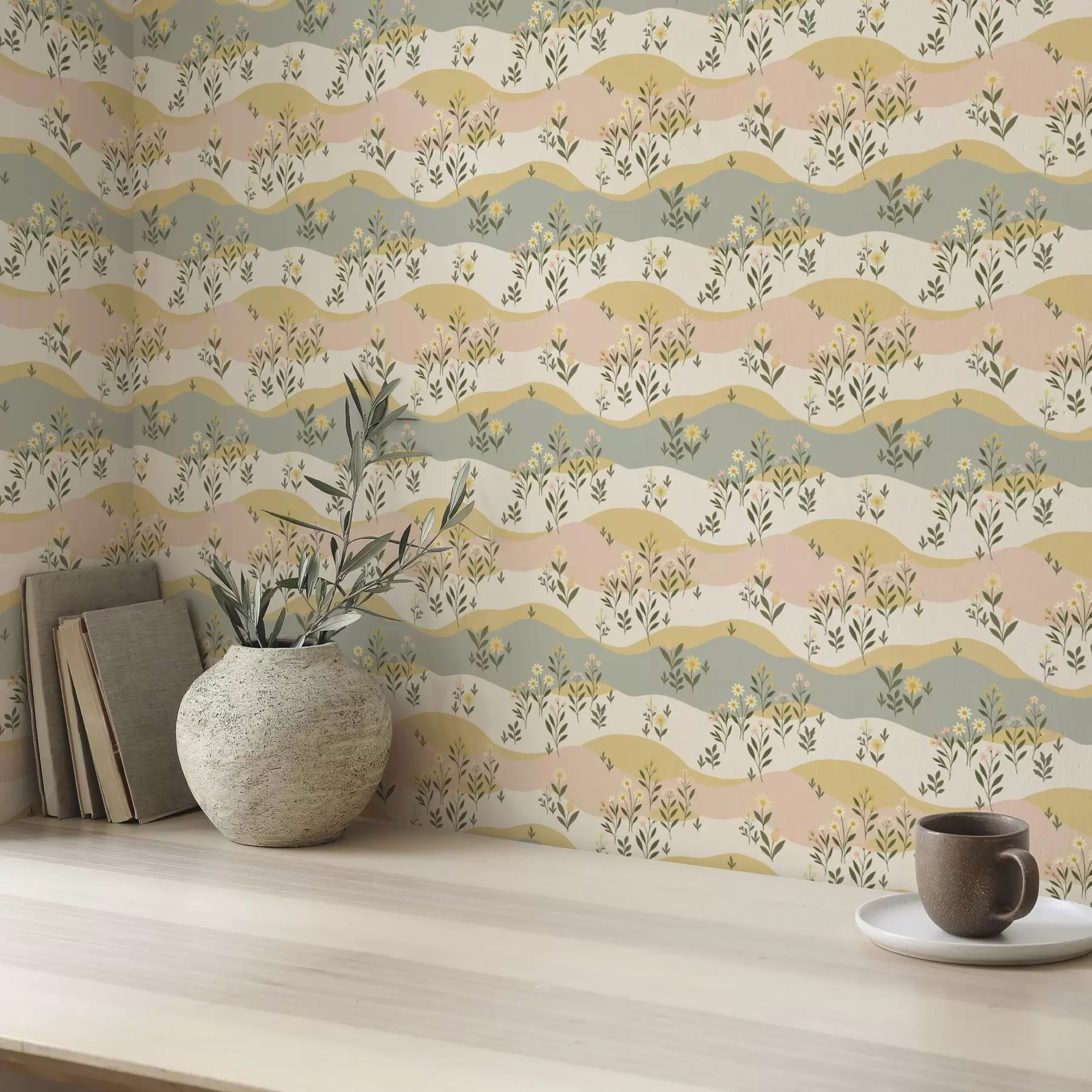 wall murals Таласасто ливадско цвеће у пастелном минималистичком стилу a00396