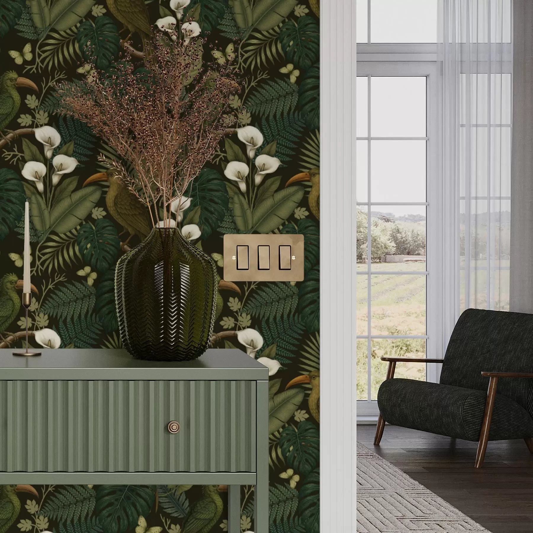 wall murals Тропске птице и бујно зеленило на тамној позадини џунгле a00397