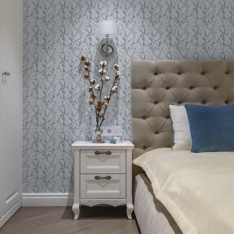 wall murals Плави цветови трешње на белој позадини са меким контрастом a00399