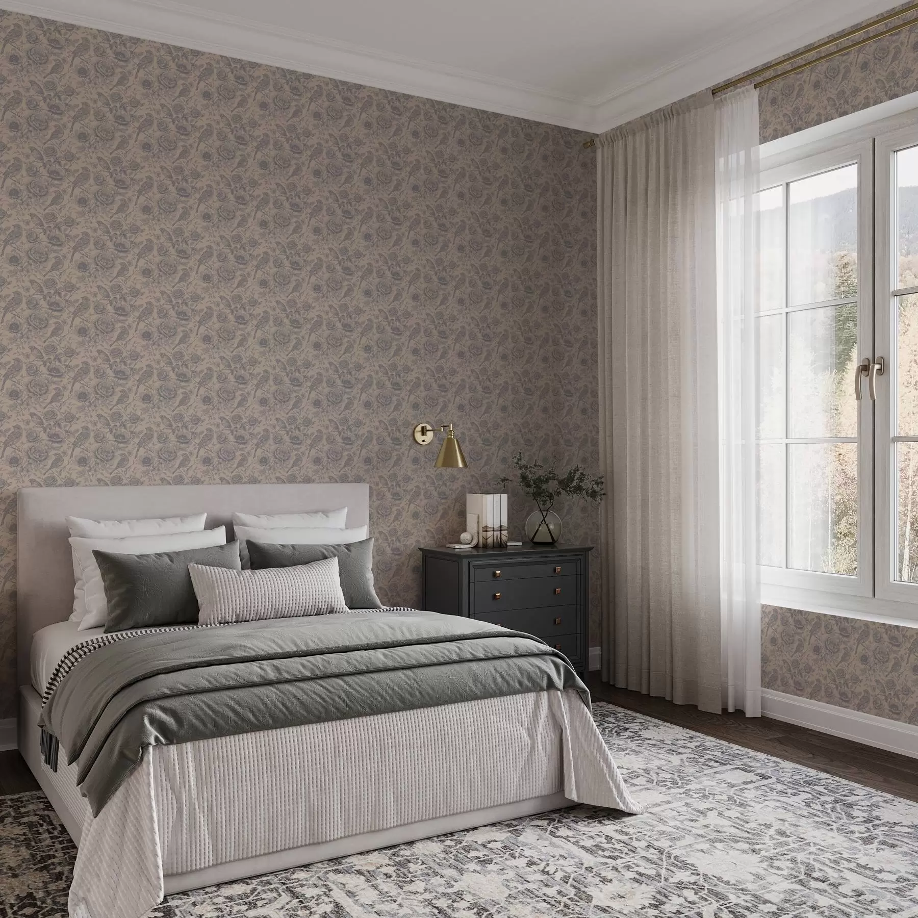 wall murals Винтажне птице и цвеће на мекој беж позадини a00423