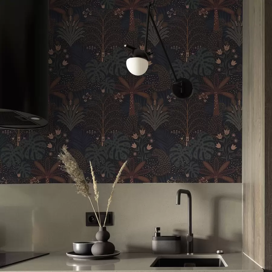 wall murals Мрачна џунгла са леопардима, палмама и цвећем a00424