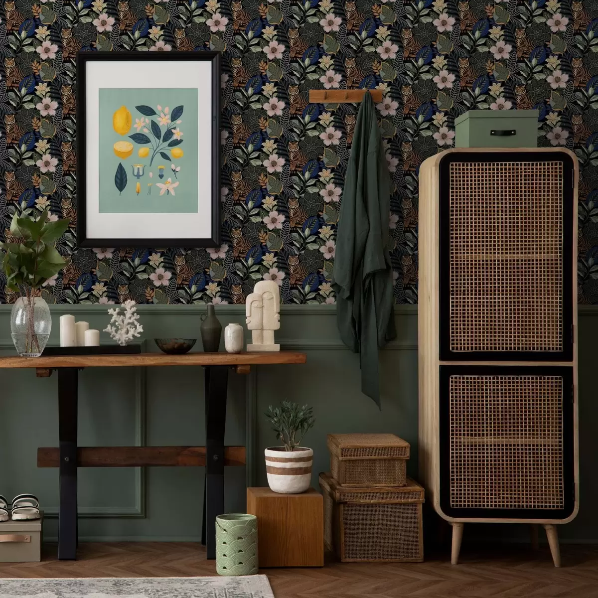 Позадина Тигрови међу светлим тропским цвећем и лишћем a00426