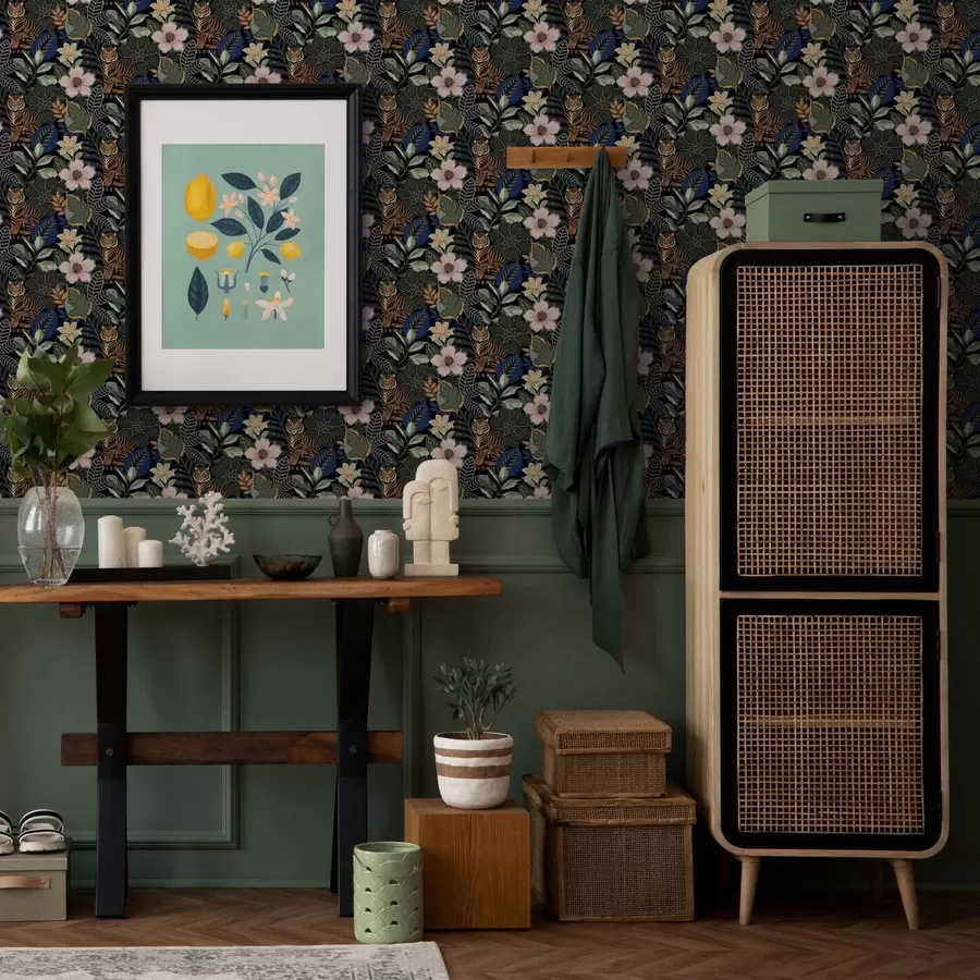 wall murals Тигрови међу светлим тропским цвећем и лишћем a00426