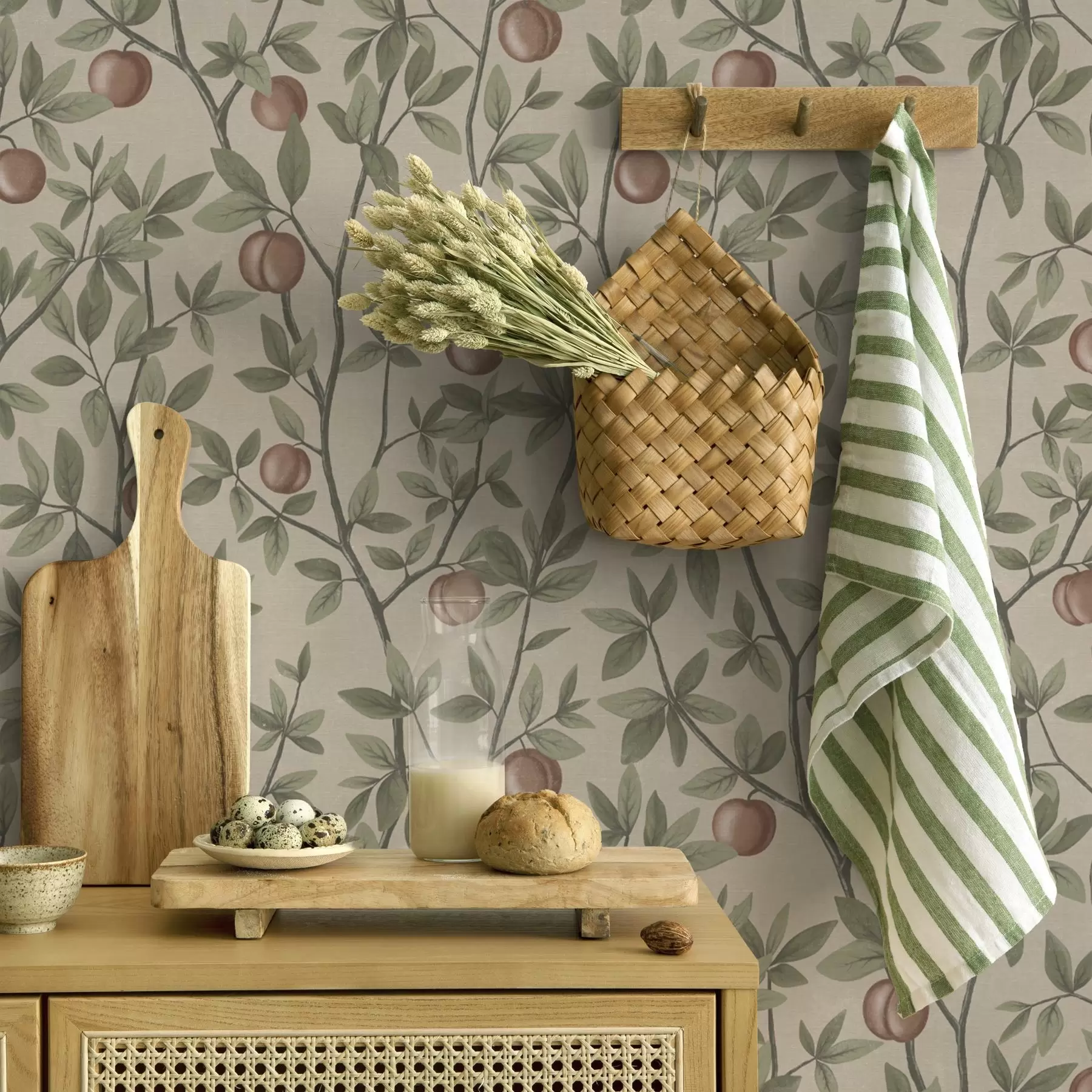 wall murals Брескве на гранама са зеленим листовима на беж позадини a00429