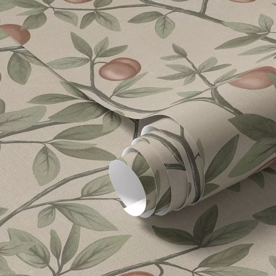 wall murals Брескве на гранама са зеленим листовима на беж позадини a00429