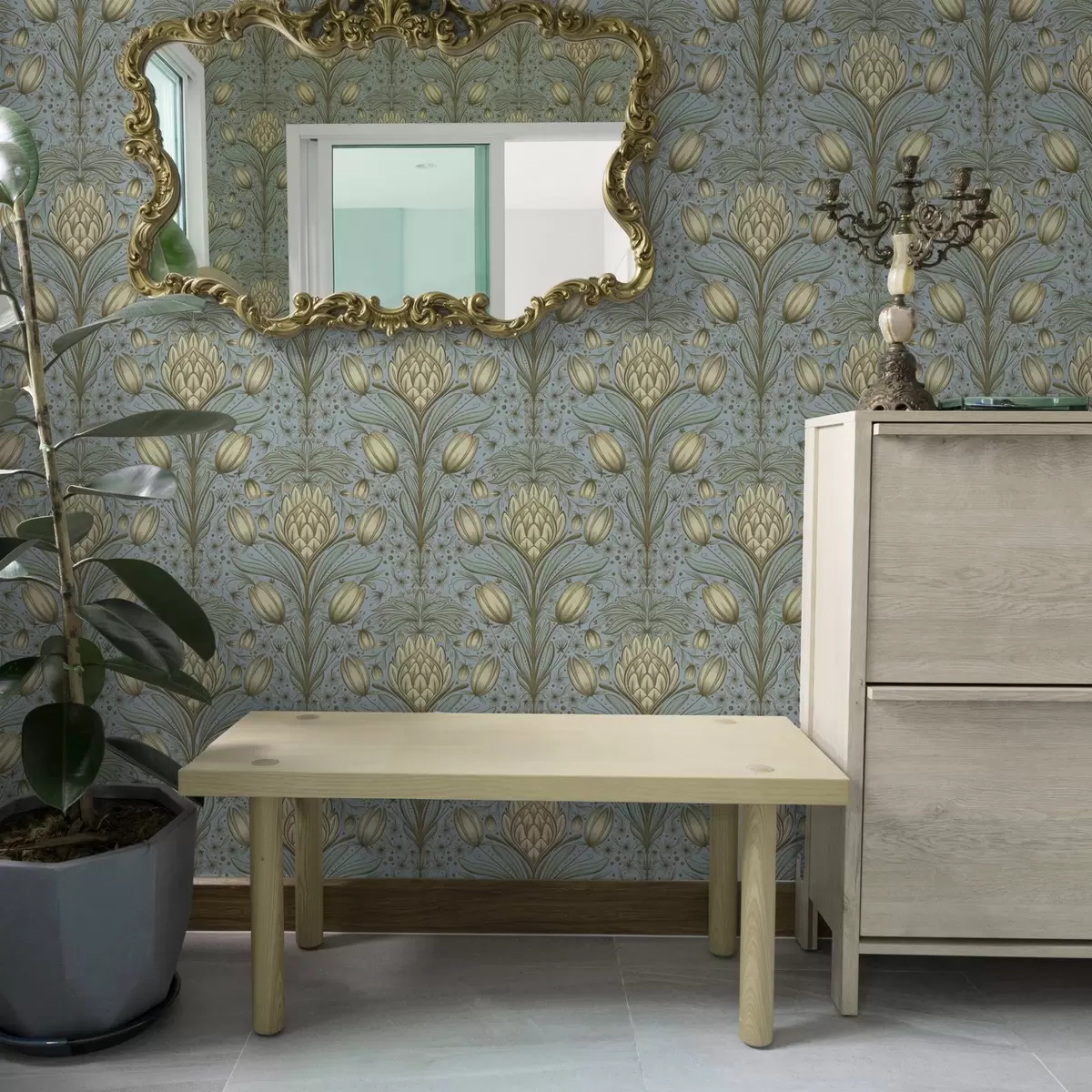 Позадина Плави узорак са артичокама и тулипанима a00435