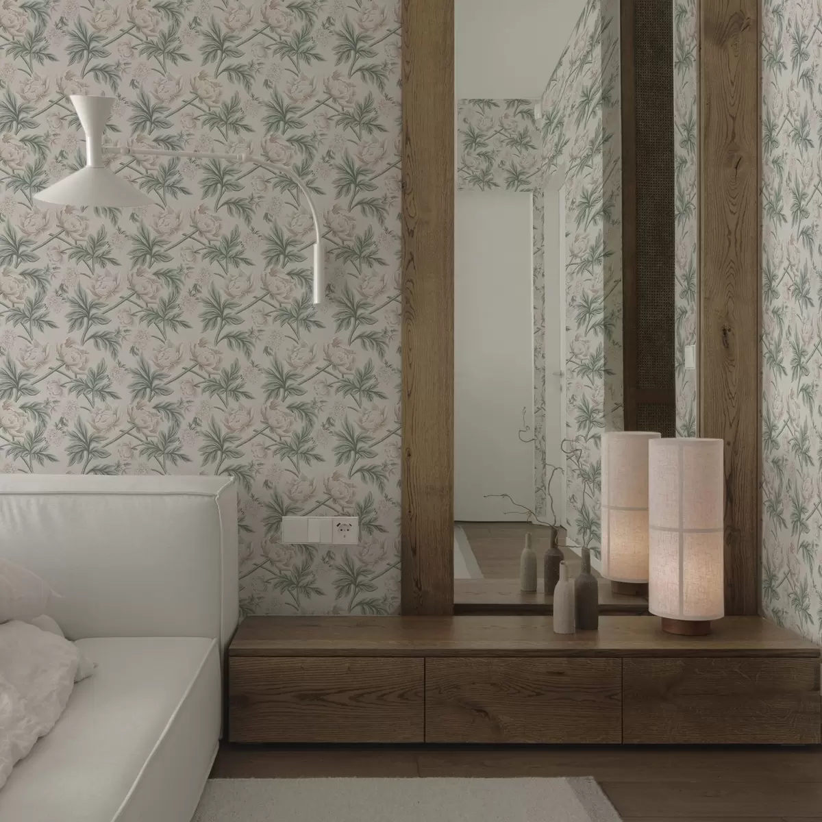 Позадина Бујни божури у светло беж и зеленој боји, беж и зелена a00445