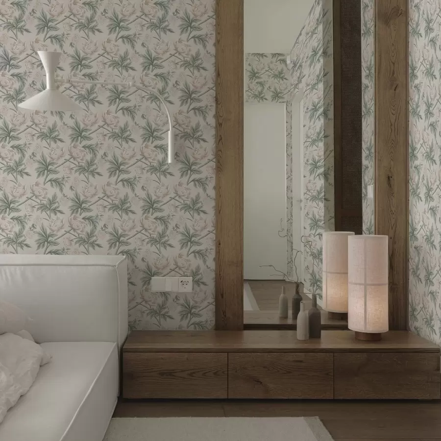 wall murals Бујни божури у светло беж и зеленој боји, беж и зелена a00445