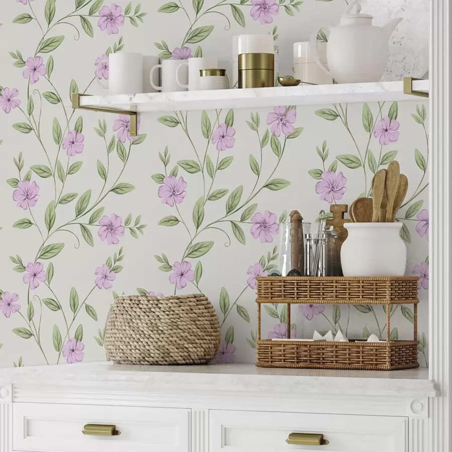 wall murals Ружичасто цвеће са зеленим лозама на кремастој позадини a00453