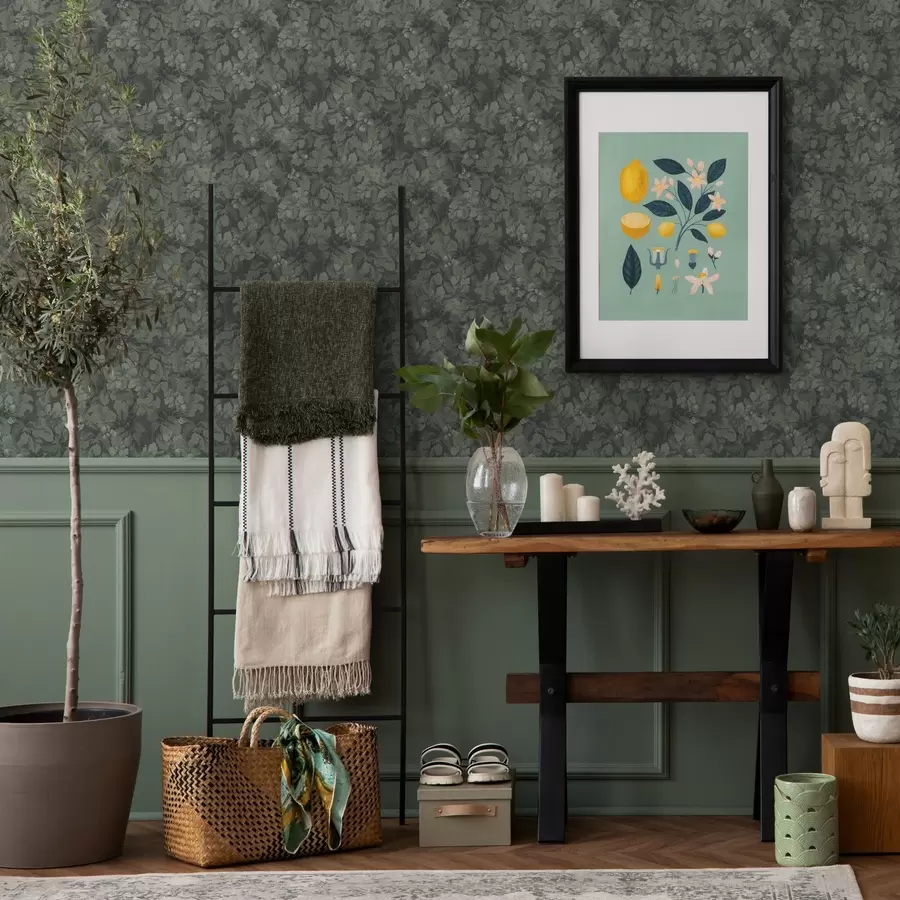 wall murals Тамна текстура лишћа са жировима у дубоко зеленој боји a00461