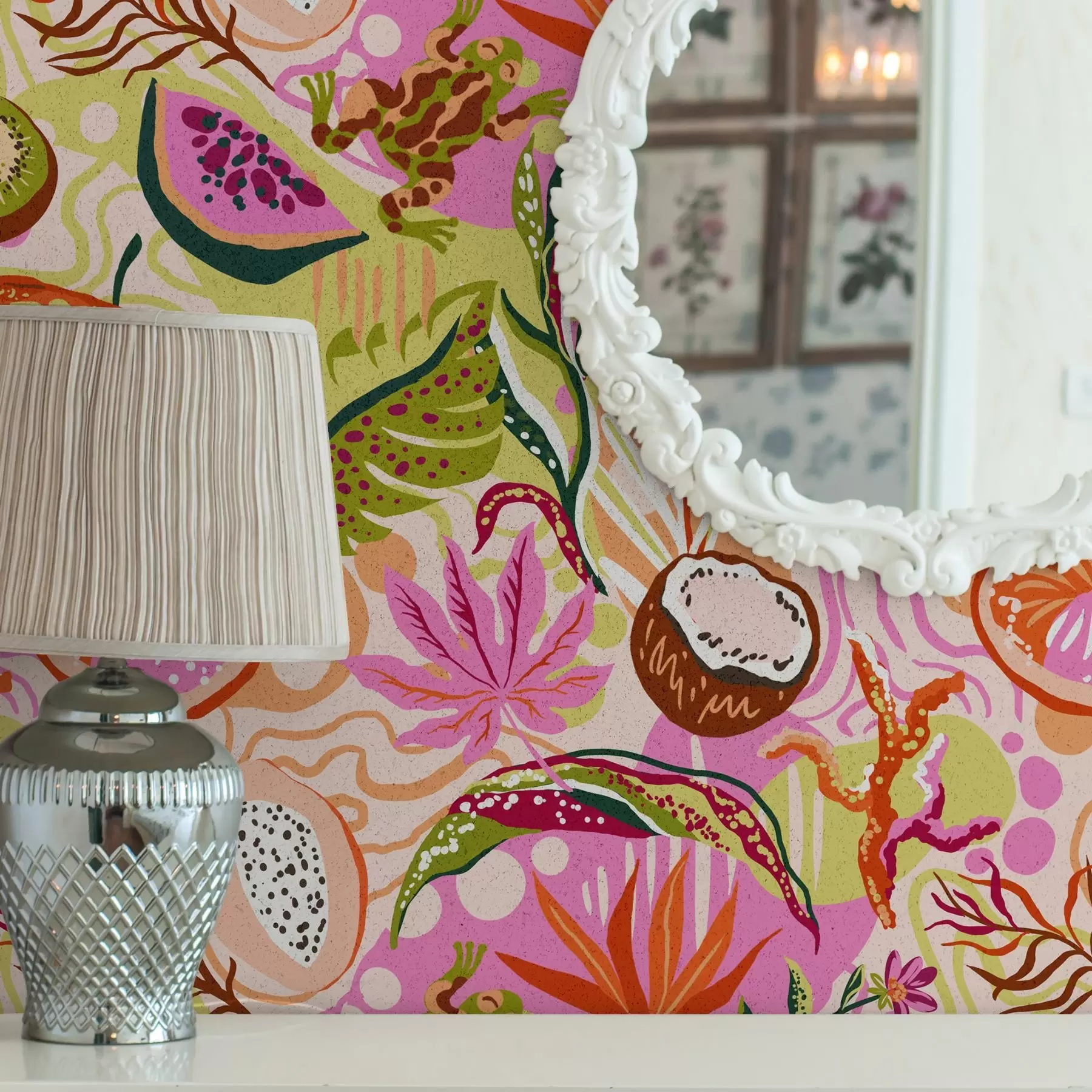 wall murals Егзотично воће, лишће и камелеони у тропском стилу a00469