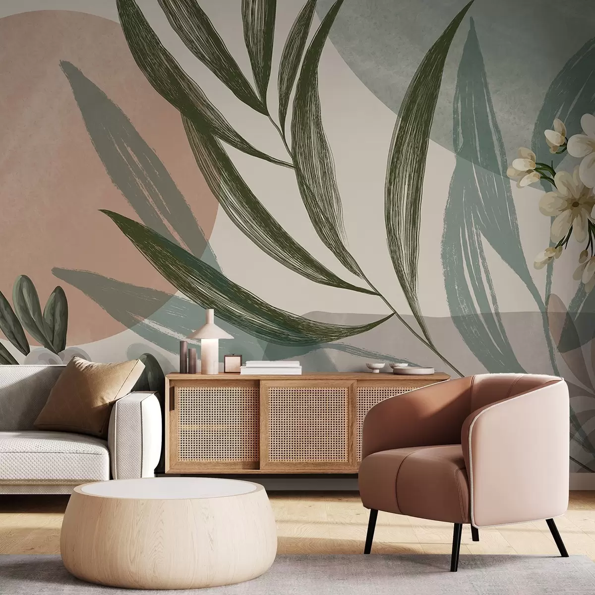 wall murals Апстрактна ботаничка уметност са зеленим палминим листовима и белим бобицама, на позадини облика у пригушеним земљаним тоновима w09312