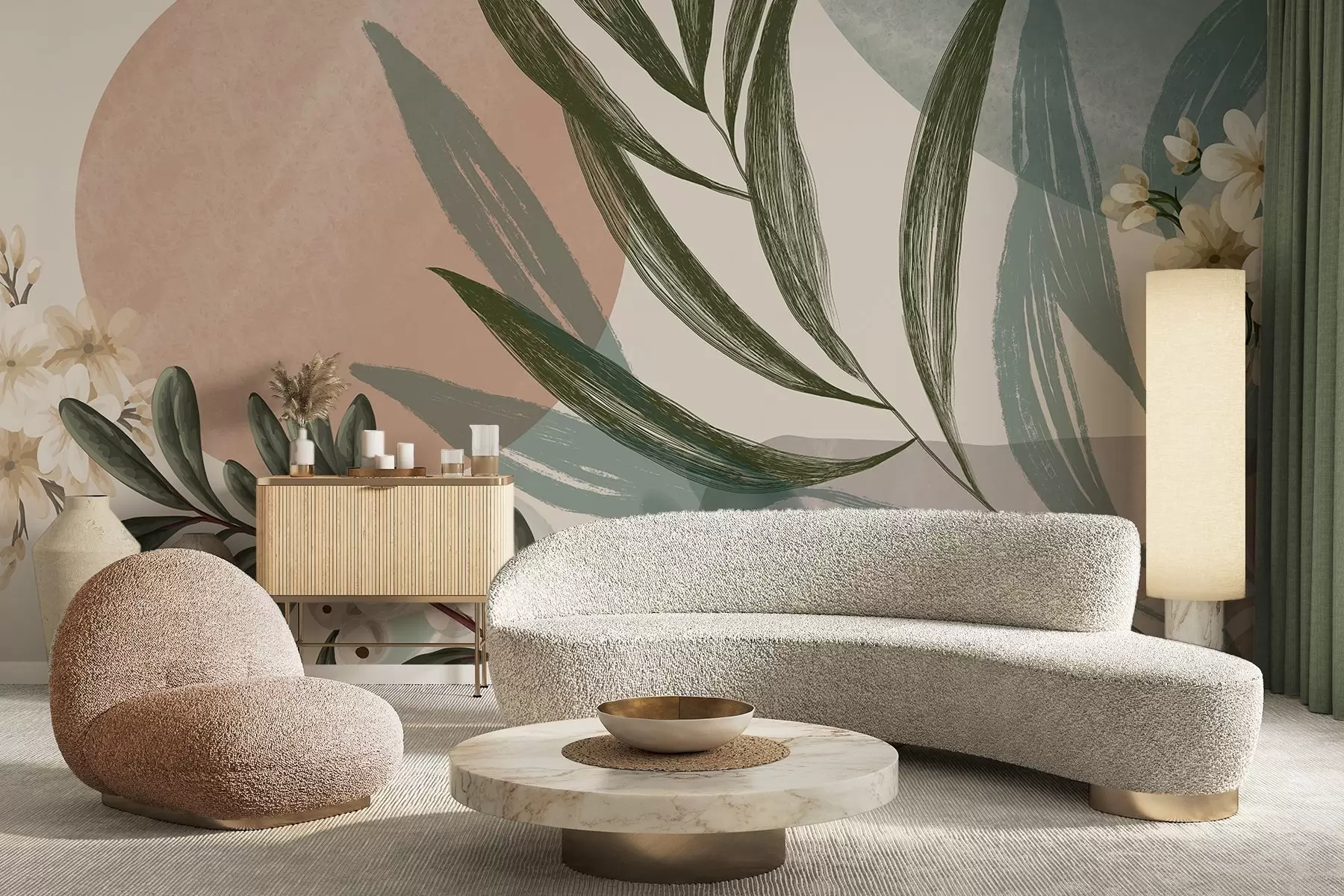 wall murals Апстрактна ботаничка уметност са зеленим палминим листовима и белим бобицама, на позадини облика у пригушеним земљаним тоновима w09312