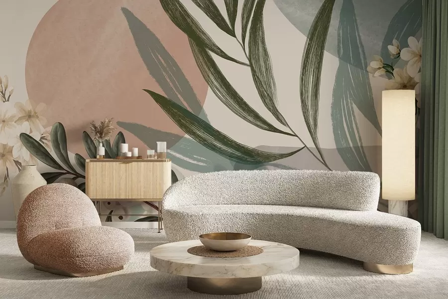 wall murals Апстрактна ботаничка уметност са зеленим палминим листовима и белим бобицама, на позадини облика у пригушеним земљаним тоновима w09312