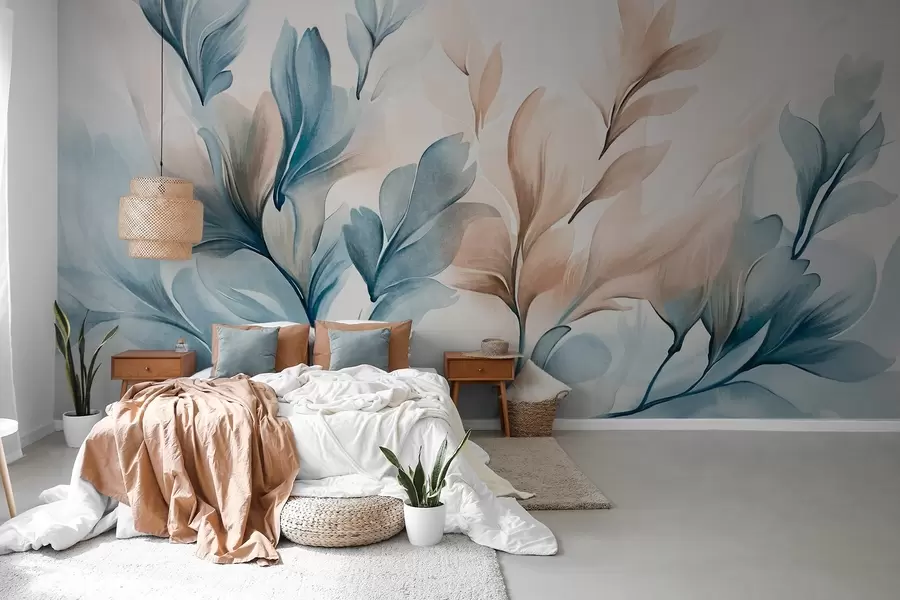 wall murals Плаво и смеђе апстрактно лишће са видљивим потезима четкице, светло и текстурирано, мека палета боја, ефекат акварела w09313